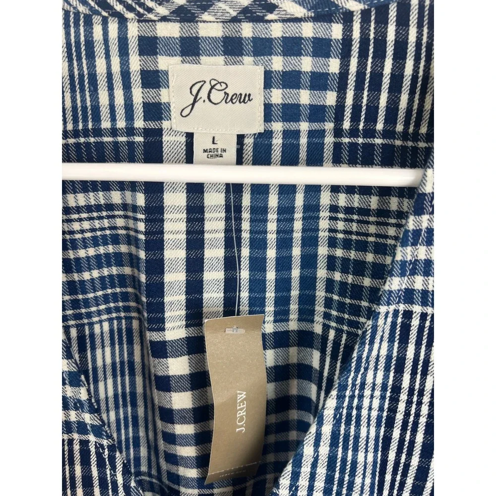 J. Crew Blue and White Plaid Short Sleeve Wrap Blouse
